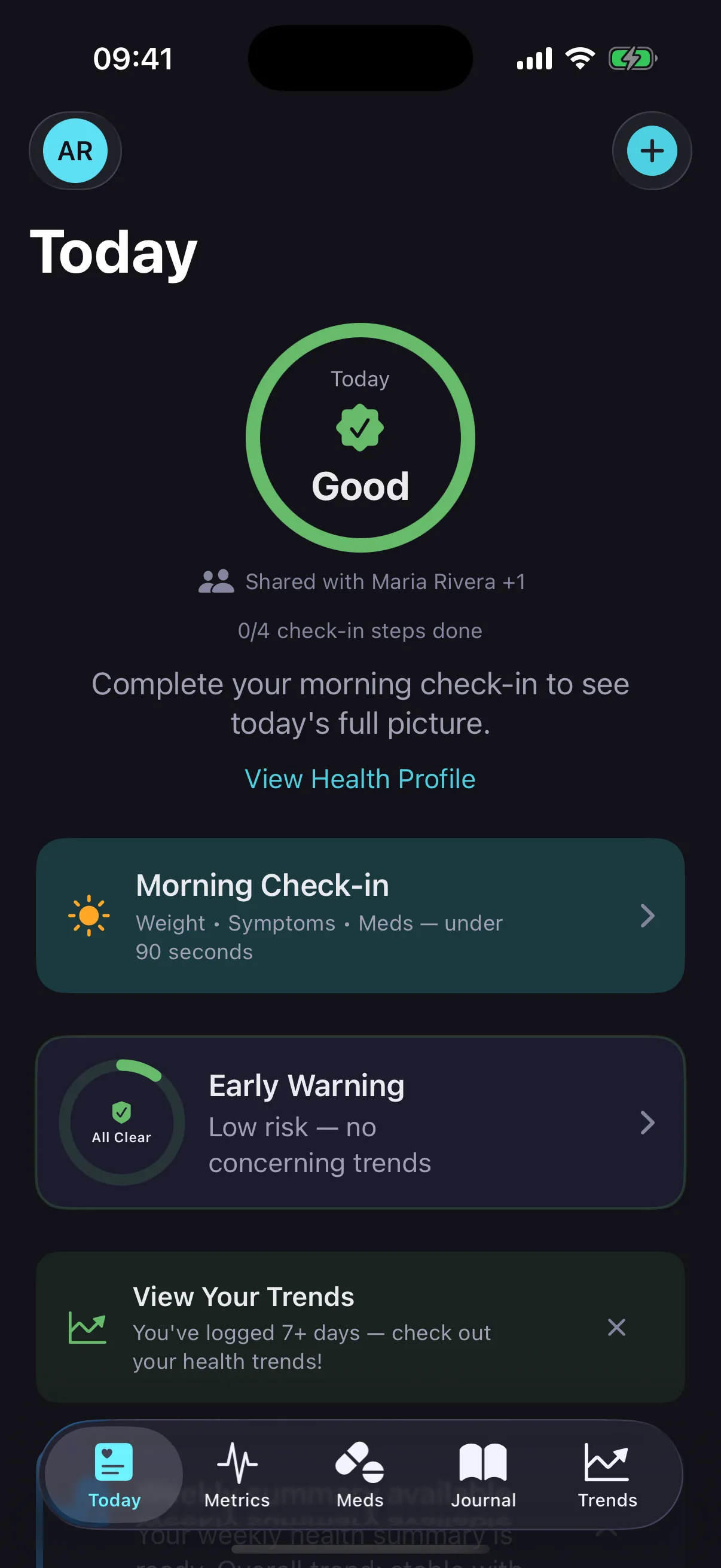 CardioVista Today Dashboard showing daily health summary with heart rate, blood pressure, and medication tracking