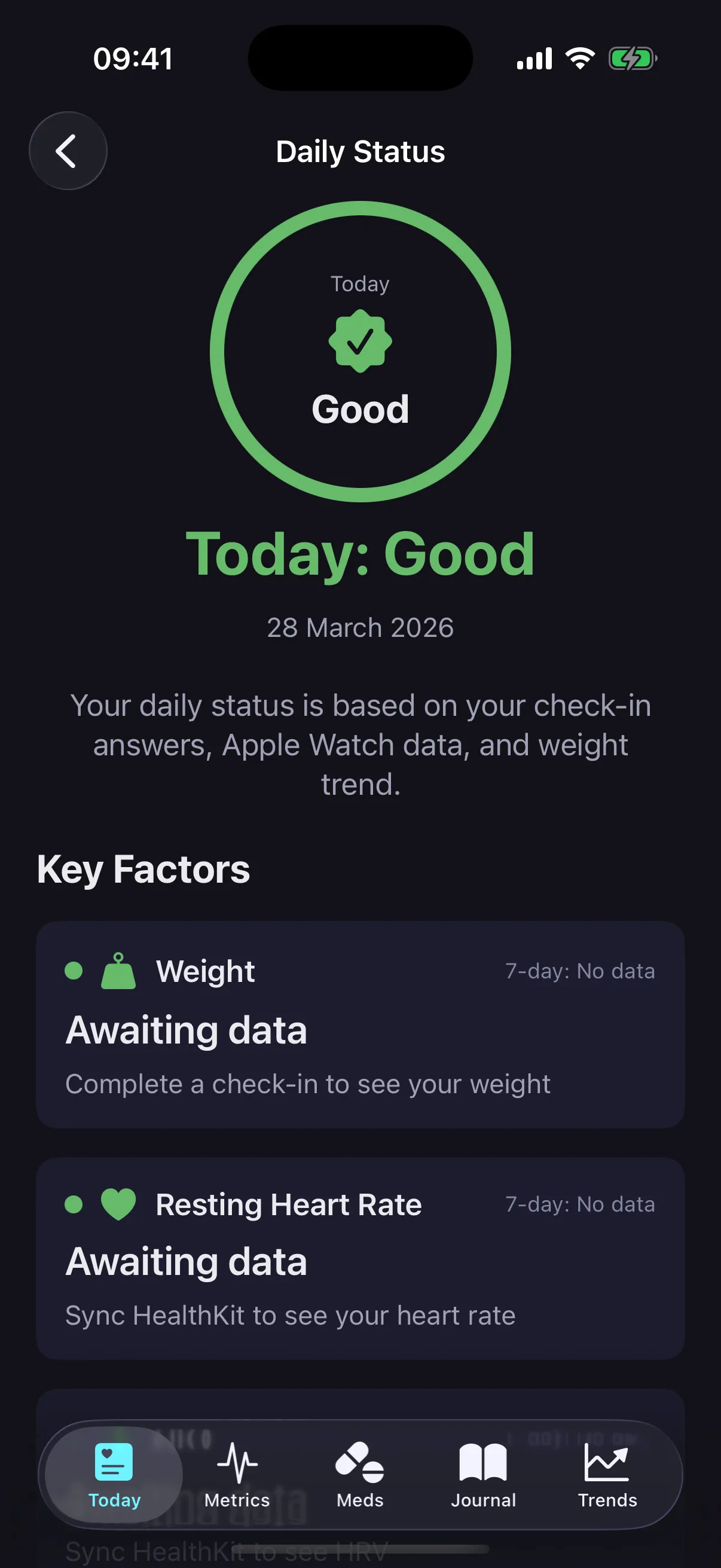 CardioVista daily risk assessment showing key health factors and status indicators