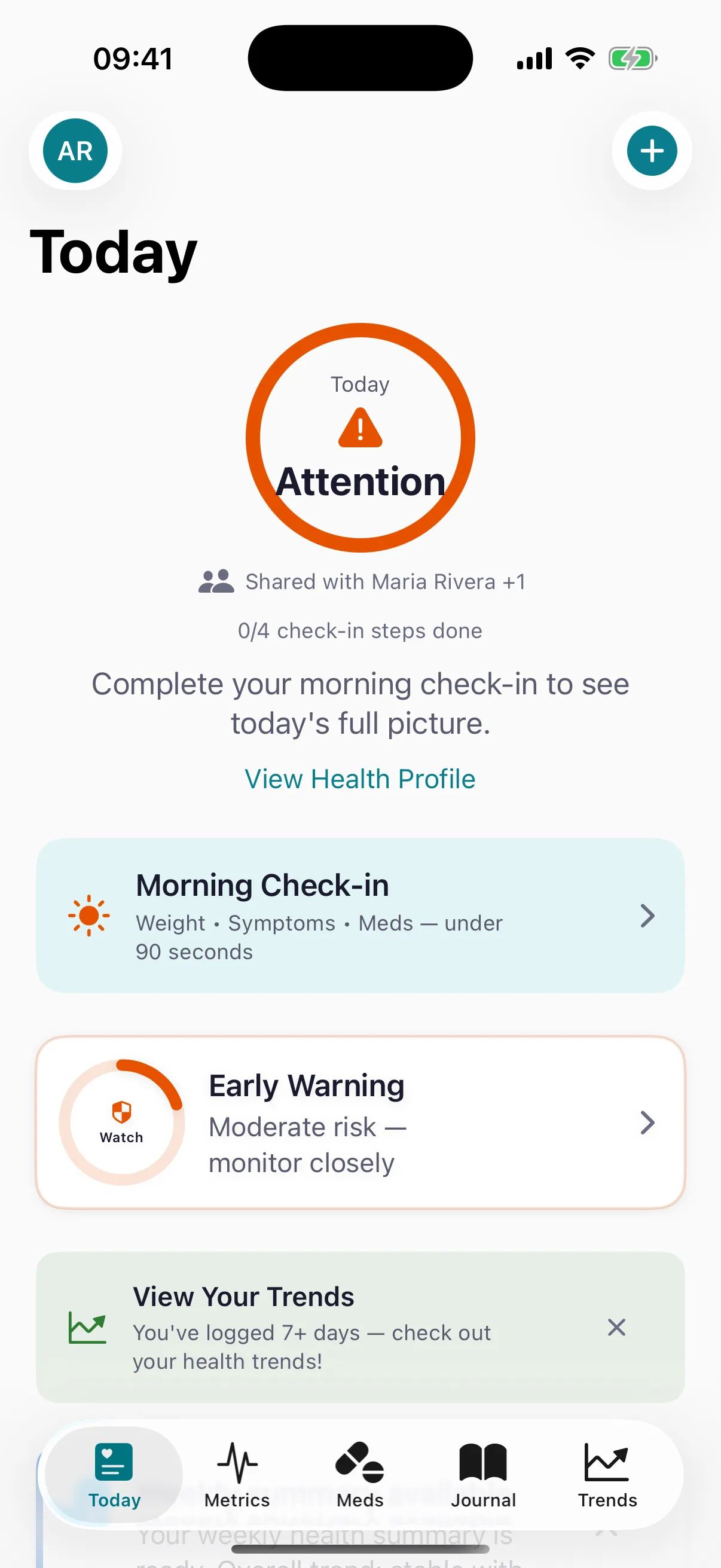 CardioVista daily risk assessment showing key health factors and status indicators