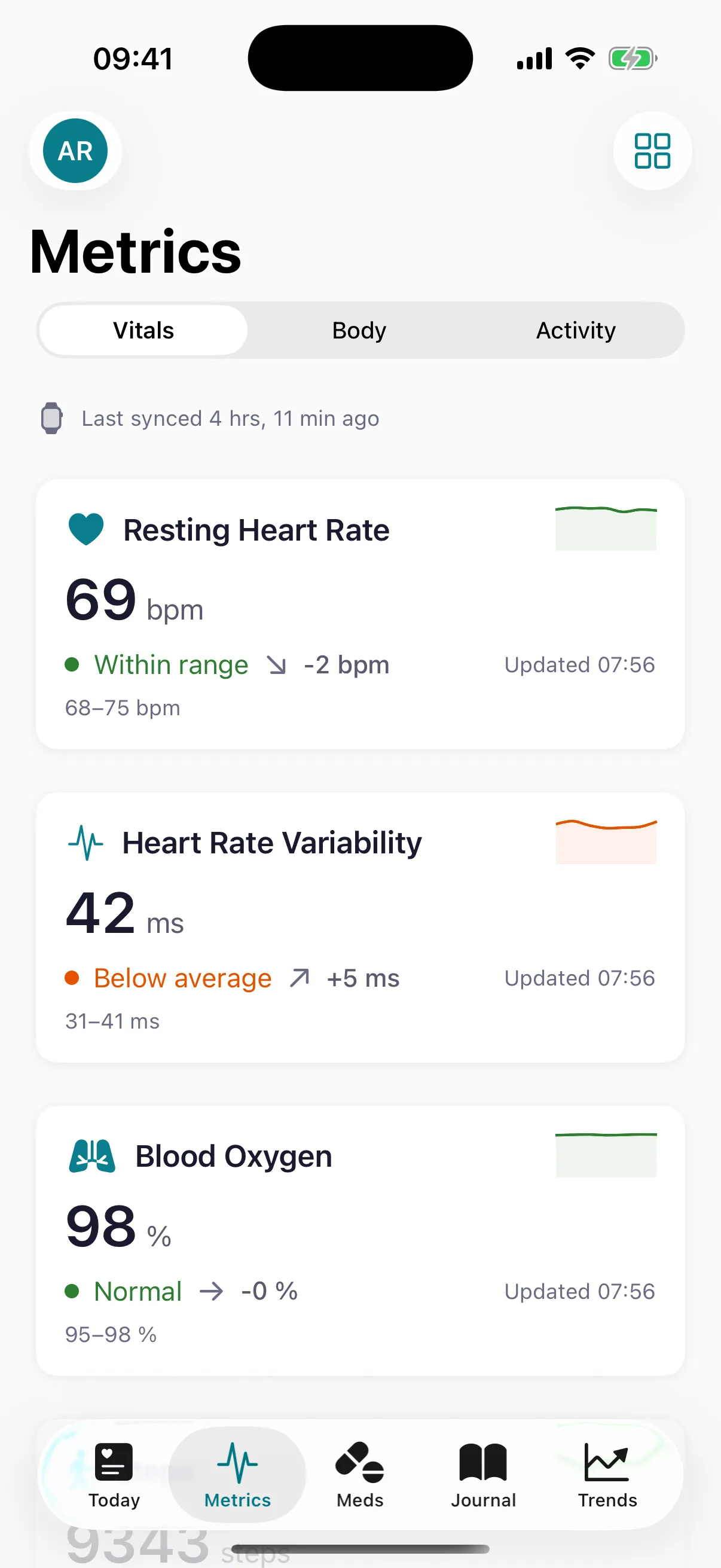 CardioVista Metrics screen showing resting heart rate, HRV, and blood oxygen with sparkline charts