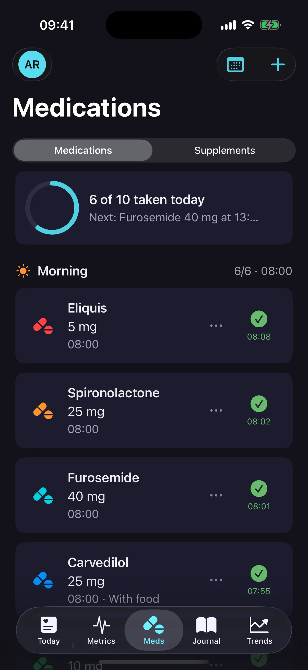 CardioVista medication list showing morning doses with adherence tracking