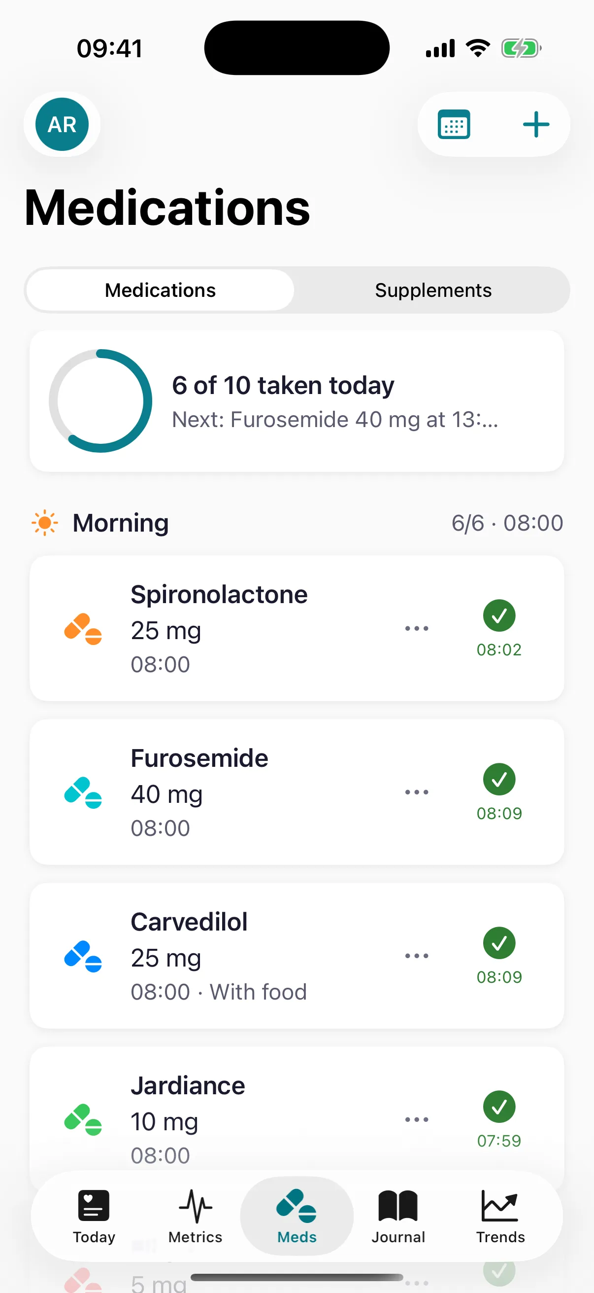 CardioVista medication list showing morning doses with adherence tracking
