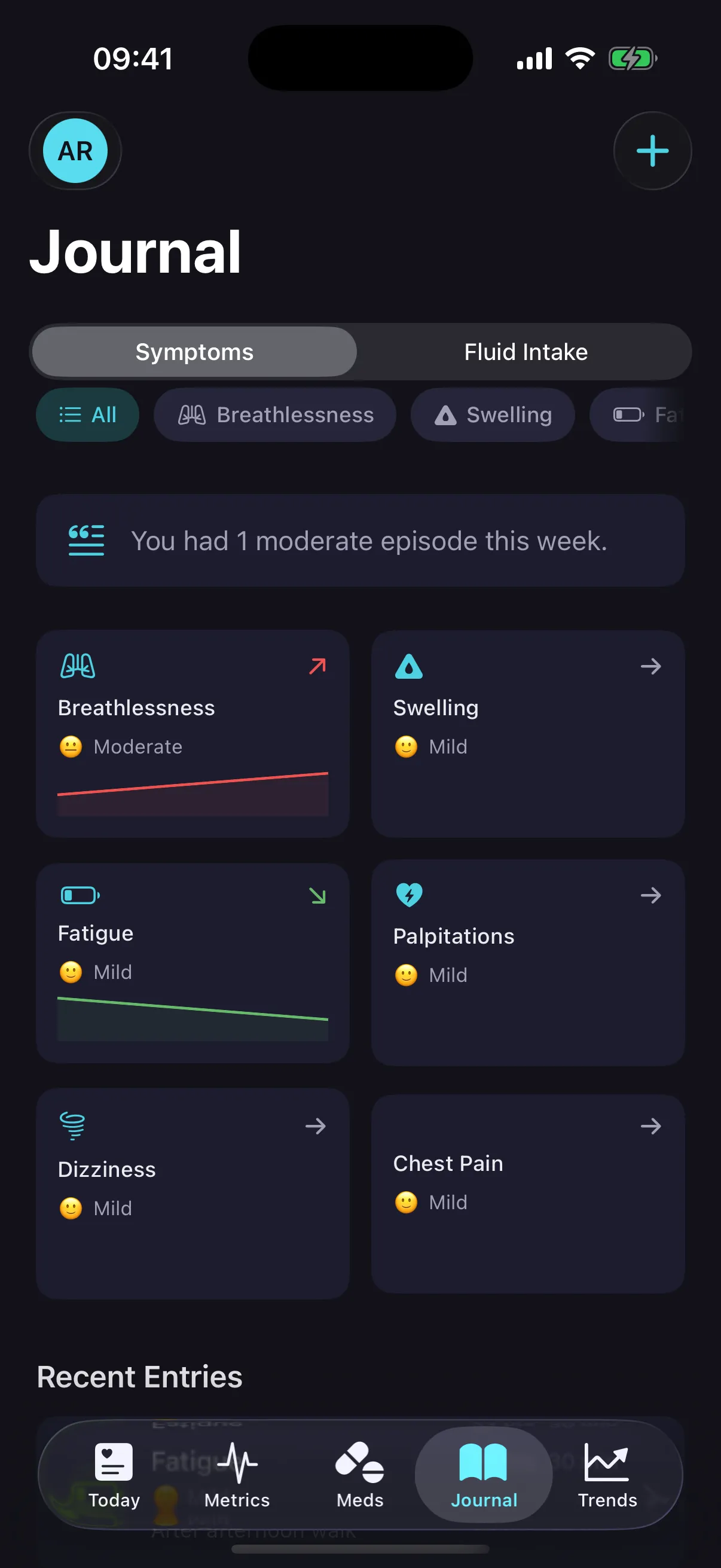CardioVista Symptom Journal with filter chips, severity indicators, and symptom entry list