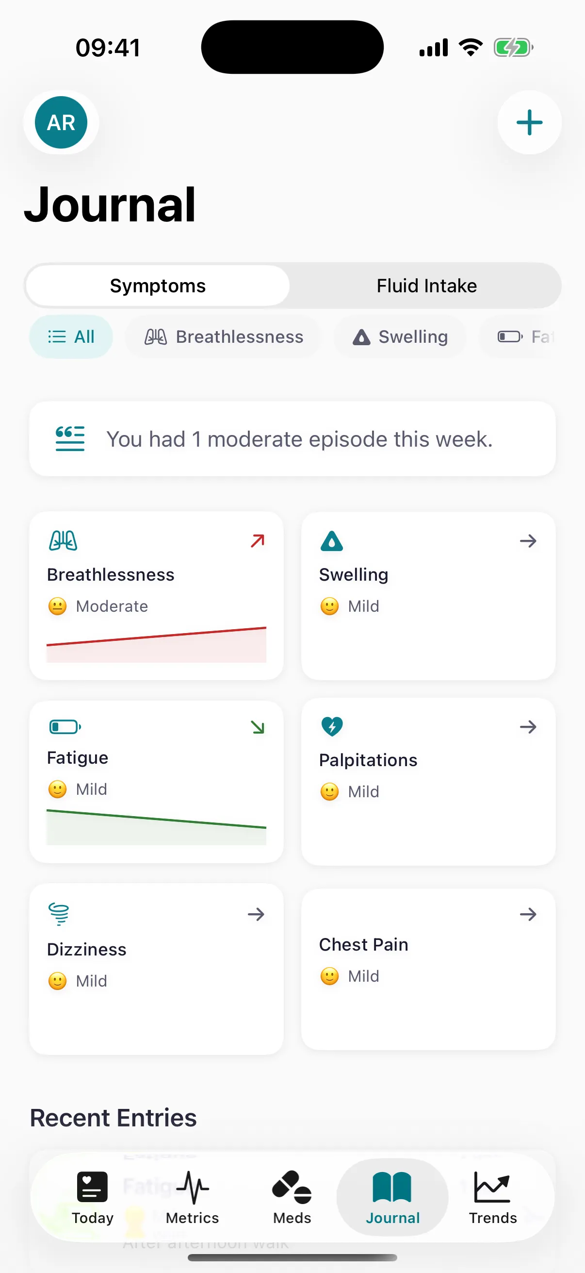 CardioVista Symptom Journal with filter chips, severity indicators, and symptom entry list