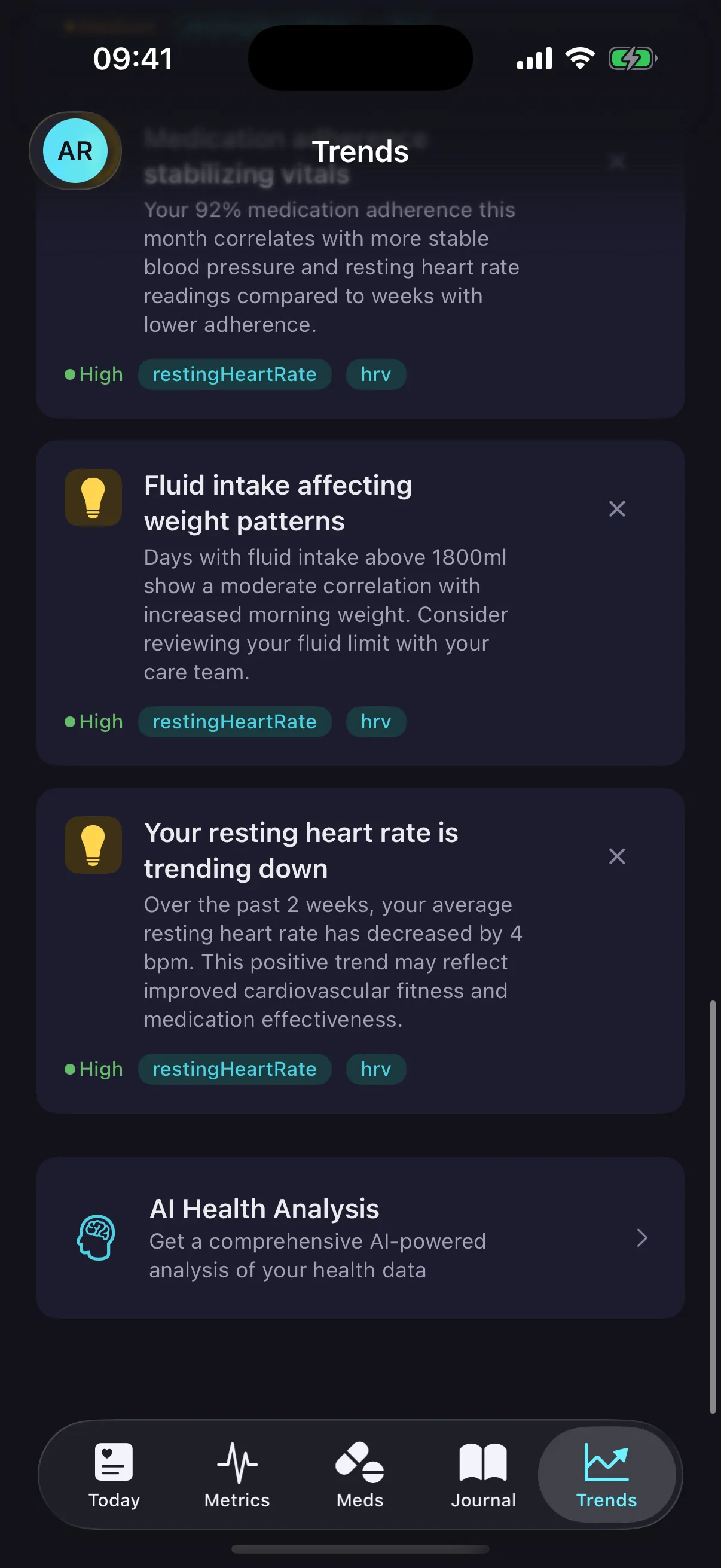 CardioVista AI health insights showing sleep, HRV, exercise correlations and trends