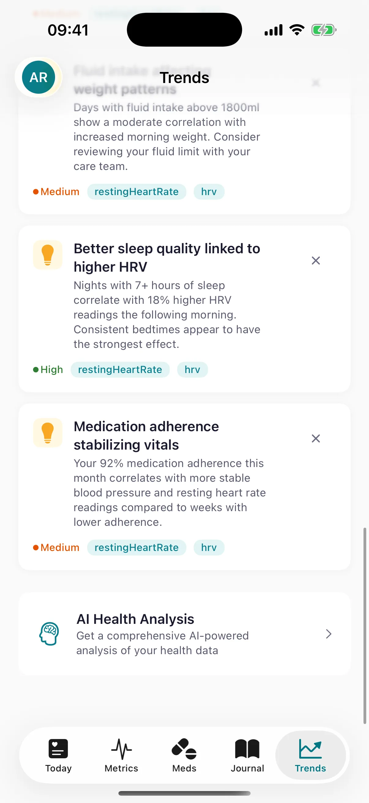 CardioVista AI health insights showing sleep, HRV, exercise correlations and trends