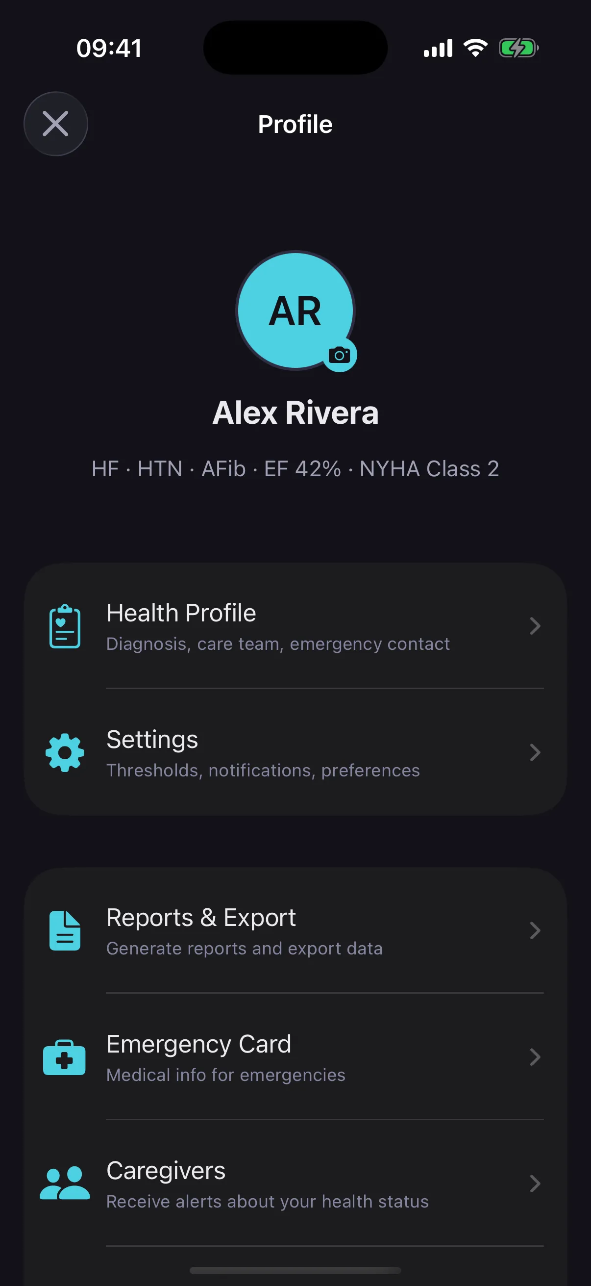 CardioVista caregiver setup screen showing emergency contact configuration and notification preferences