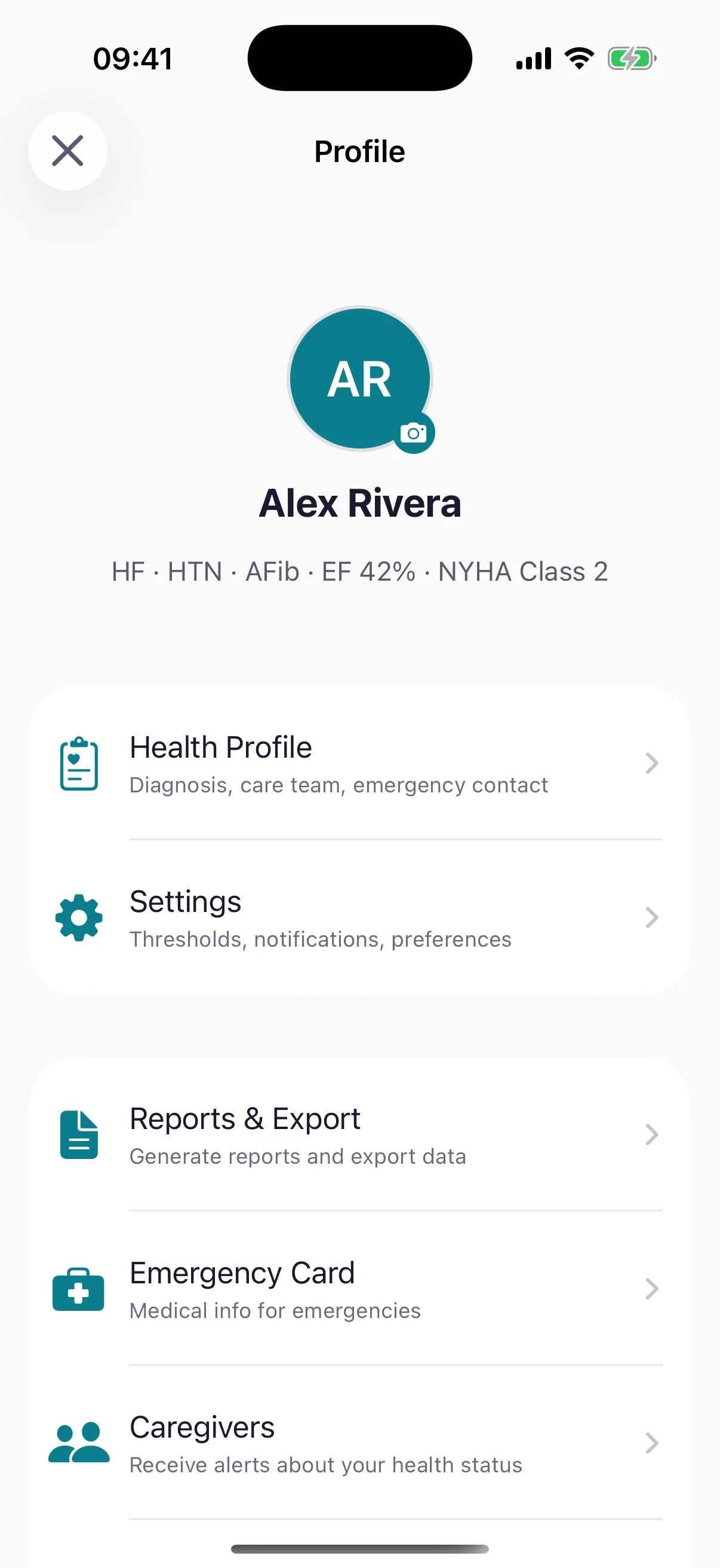 CardioVista caregiver setup screen showing emergency contact configuration and notification preferences