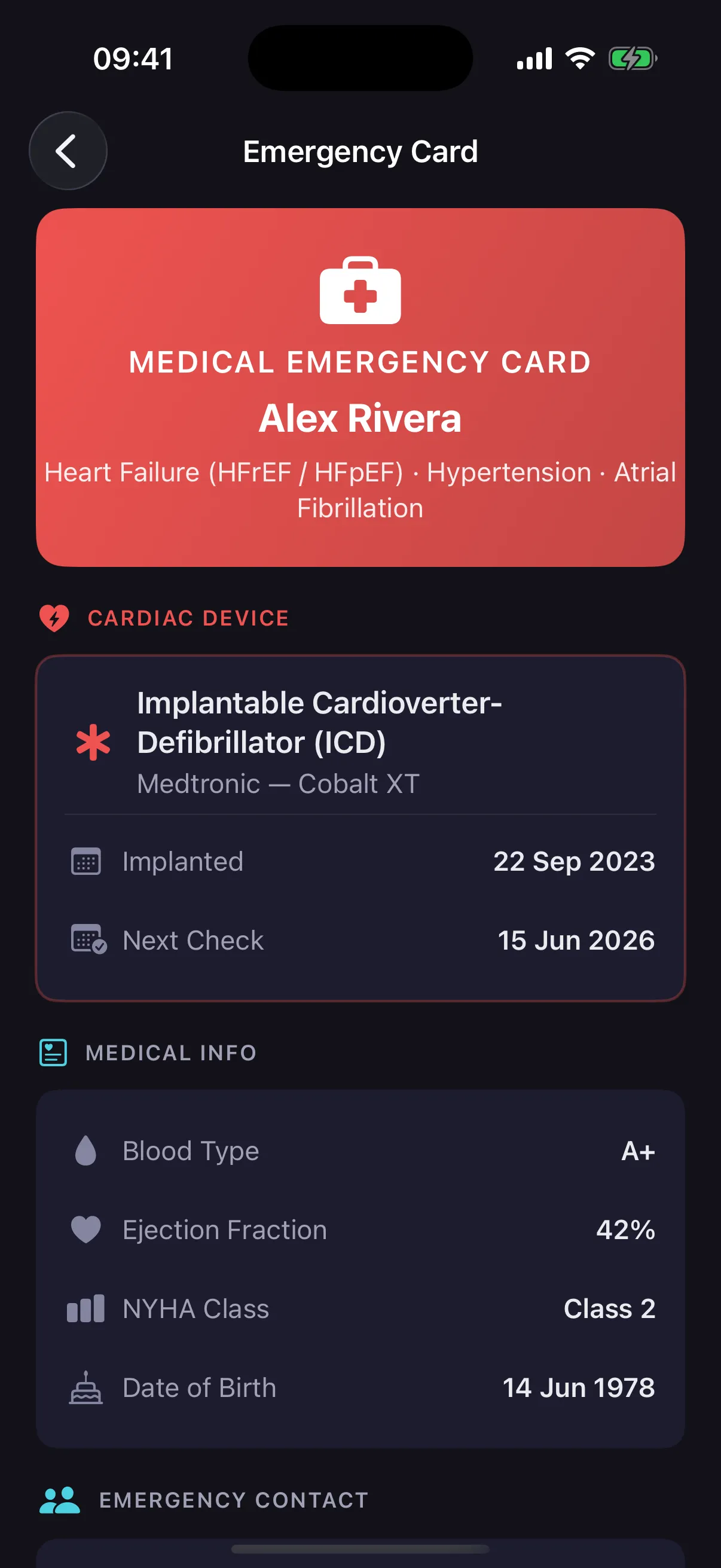 CardioVista emergency card displaying medical conditions, ICD device info, blood type, and allergies