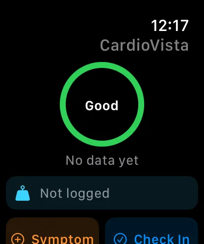 CardioVista Apple Watch dashboard with status ring and medication tracking