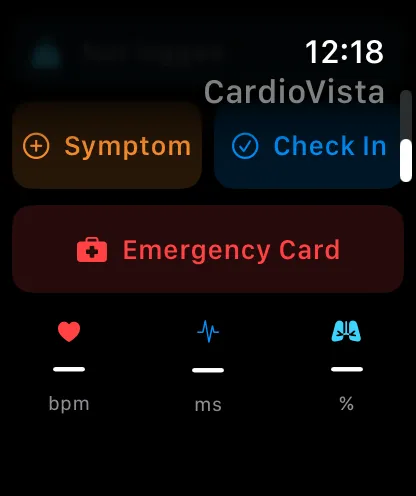 CardioVista Apple Watch showing symptom logging and check-in buttons