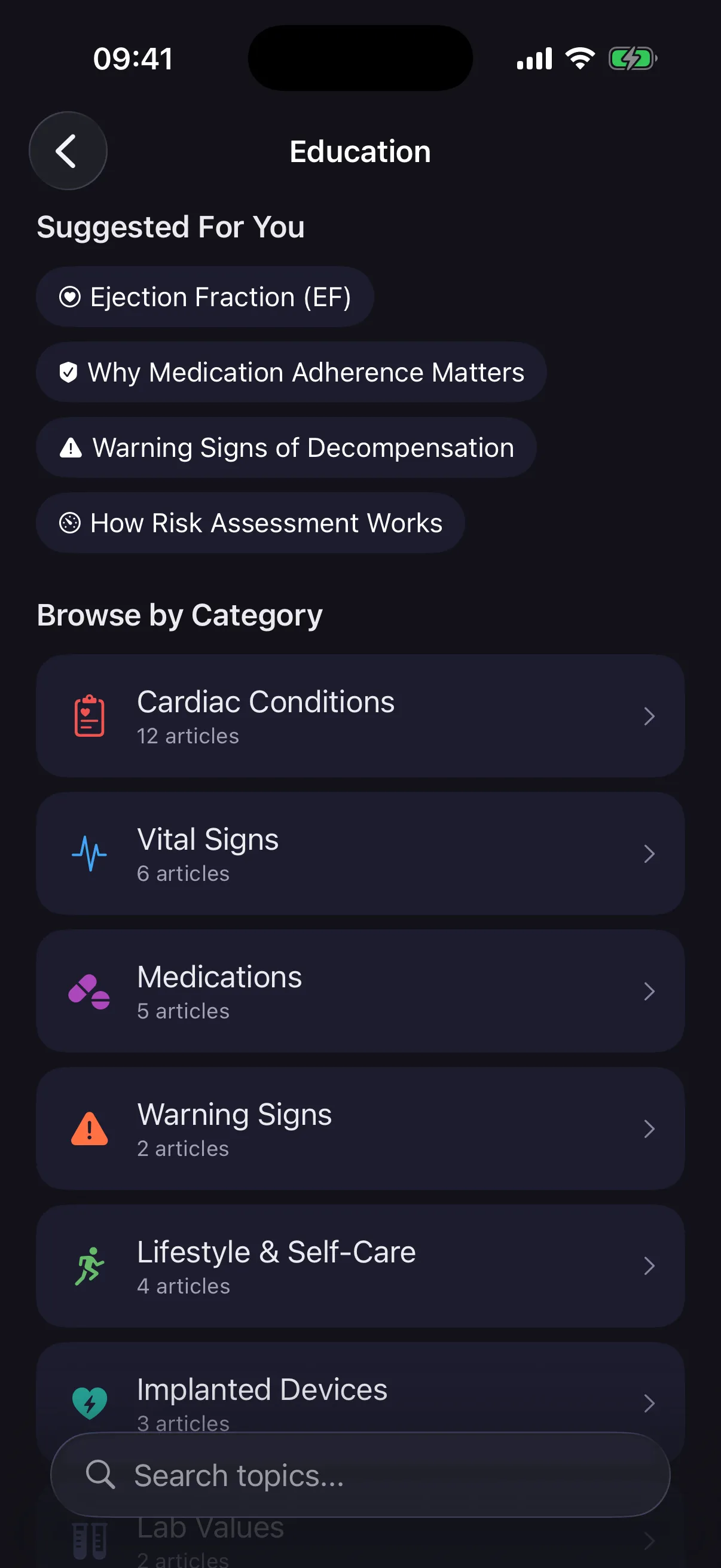 CardioVista education hub with categorized cardiac health articles