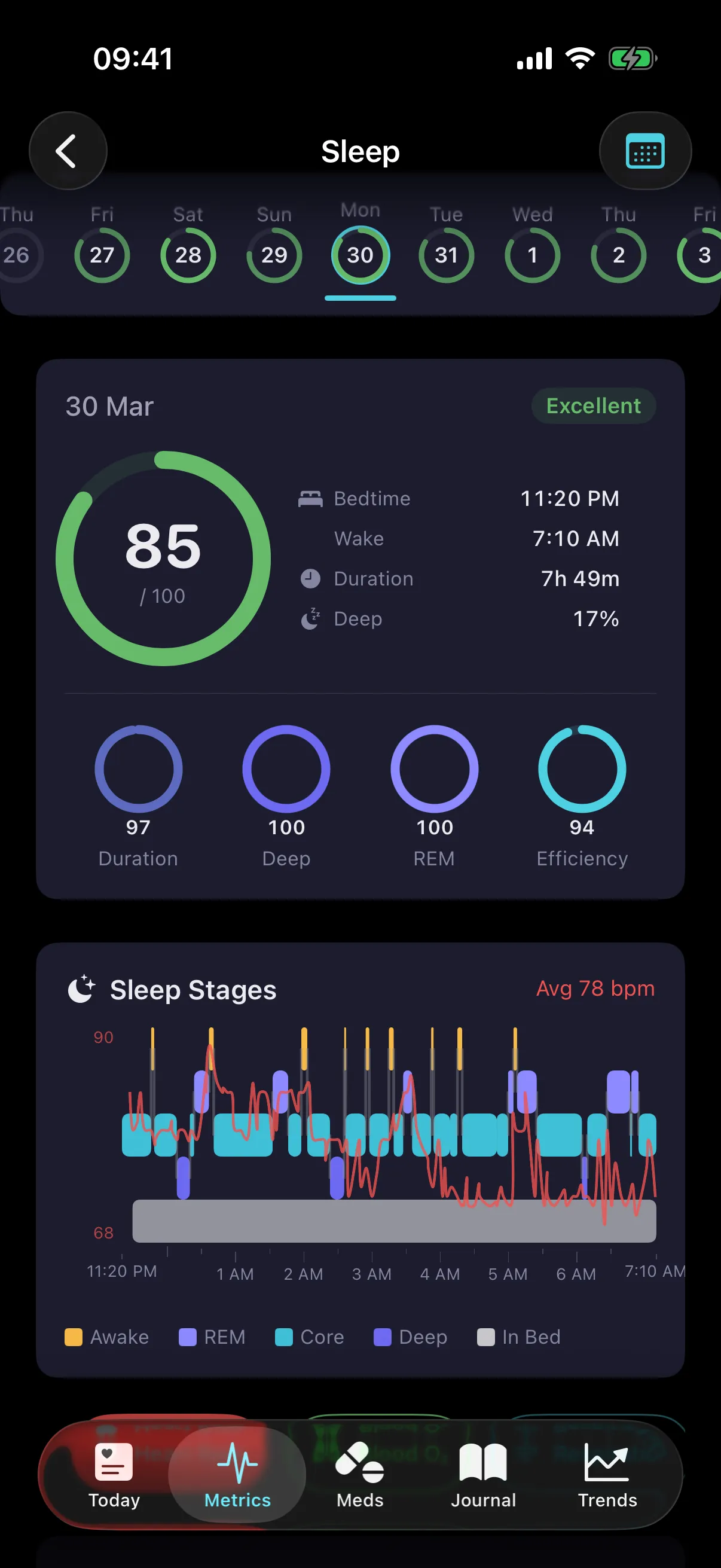 CardioVista sleep detail showing sleep score 85, sleep stages chart, and duration breakdown